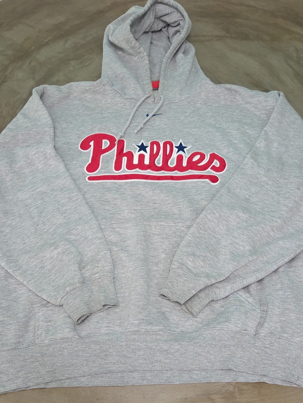 Nike Grey Pullover Hoodie with Red Phillies Script and Navy Stars